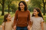 Foto de perfil de una señora con sus dos hijas paseando de la mano